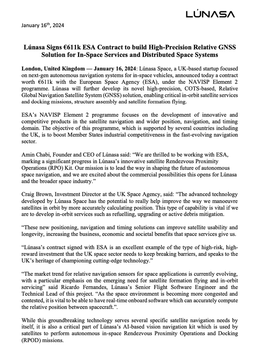 7pcventures's tweet photo. In-space navigation currently costs $millions in ground operations and infrastructure.

Great to see @EuropeanSpaceA1 backing @LunasaSpace's autonomous RPO, which will remove the need to manage satellite interactions from Earth, saving $billions in the process. https://t.co/UbUhbQfmrB