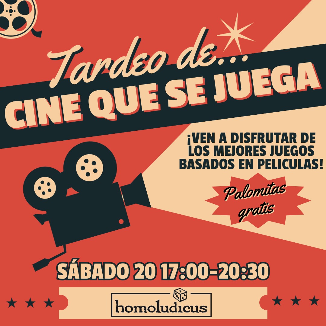 El mundo del cine ha servido de inspiración para un montón de juegos y el sábado vamos a dedicar la tarde a recrear en el tablero algunos de los mayores éxitos en pantalla de las últimas décadas,  y para amenizar la tarde ¡PALOMITAS GRATIS!