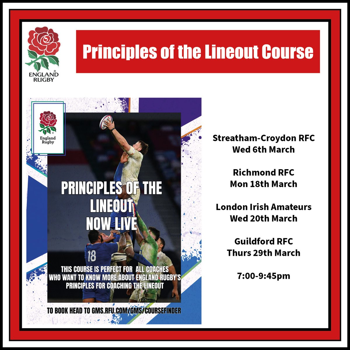 Great course! Suitable for those coaching U14s upwards in Age Grade Rugby AND Coaches in the adult game.

Streatham-Croydon - bit.ly/EnglandRugbyLi…

Richmond - bit.ly/EnglandRugbyLi…
London Irish - bit.ly/EnglandRugbyLi…

Guildford - bit.ly/EnglandRugbyLi…