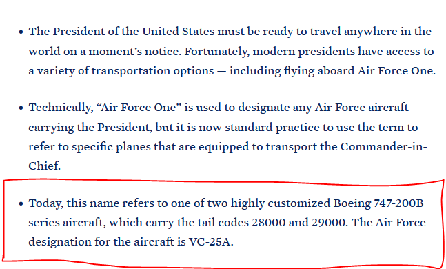 DaCookie95's tweet photo. @b_rysmitty86 @DebbieVerna @Thekeksociety Yes, theoretically any AF aircraft the President is flying in is designated as AF1. Although, according the the Whitehouse website, AF1 refers to one of two 747-200B series aircraft with the tail codes 28000 and 29000.

Those are what the President is more likely to be flying in. https://t.co/ip9gPHFcaJ