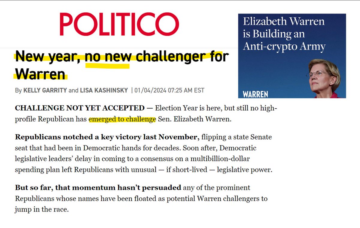 Politico reports No New Challenger has emerged to unseat Sen. Elizabeth Warren. @JohnEDeaton1 is capable of flipping this seat 💯The Warren 'Anti-Crypto Army' doesn't stand a chance against the Pro-Crypto Army 👉We call on John Deaton to run 🇺🇸 Please SHOW YOUR SUPPORT & SHARE…