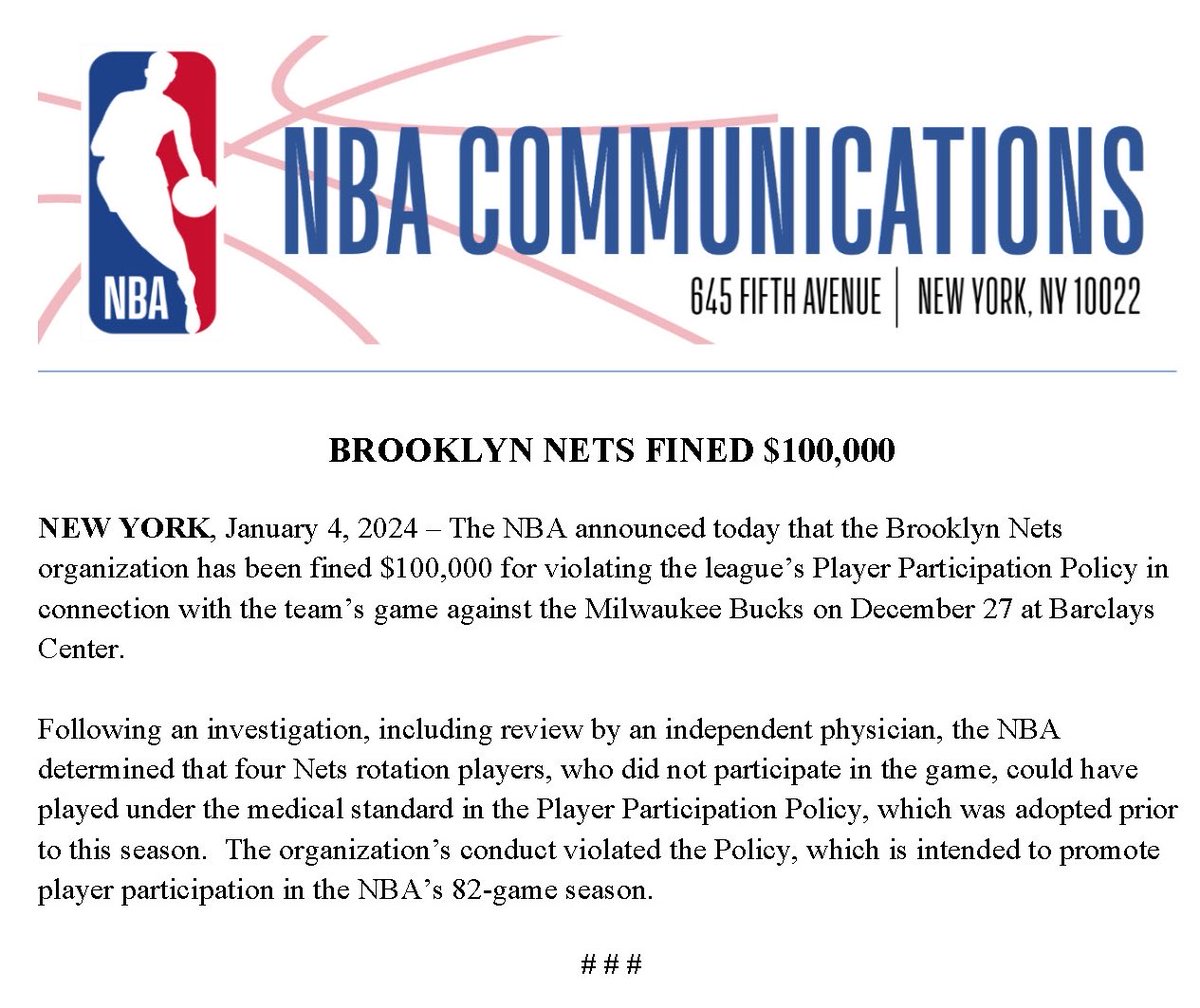 The following has been released by the NBA.