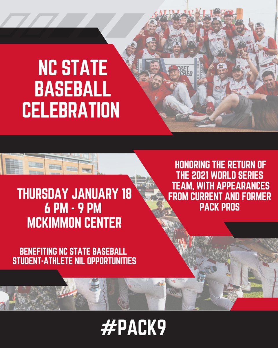 Our NC State Baseball Celebration, supporting NIL opportunities for @NCStateBaseball student-athletes is TWO weeks away! ⚾ Ft. the 2021 World Series team, Pack Pros, current coaches & student-athletes, you won't want to miss it! 🐺 🎟️: onecau.se/pack9 #GoPack #Pack9