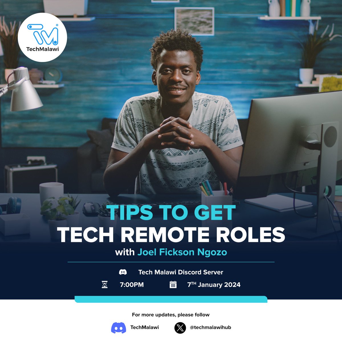 Hello & Happy New Year Everyone! We are back this Sunday! Our first Sunday session will be back on Discord with @JoelFickson . Join us as we get to learn a few tips on how to get remote roles in tech. #TechMalawi