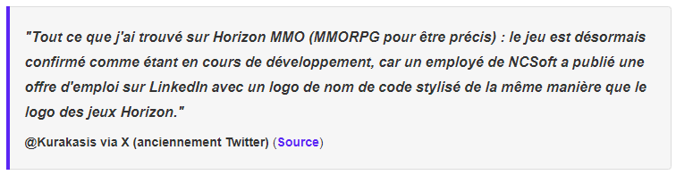 MGG_France's tweet photo. Selon l'insider Kurakasisn, un MMORPG Horizon, signé NCSoft, serait bel et bien en développement !

Selon lui, il pourrait s'appeler 'Land of Salvation' (Il s'agit là du seul projet non-dévoilé inscrit par NCSoft au registre des propriétés intellectuelles) 👀 https://t.co/GBlpTMs8n1