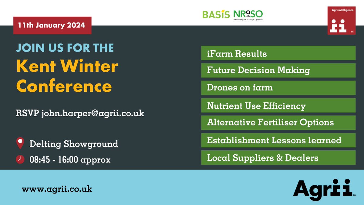 🌾✨ Dive into the heart of agriculture at the #Kent Winter Conference! 🚜 Join us for a day filled with talks, discussions, and insights that wil help shape your on farm decisions. 📅 Save the date 11th Jan 2024 RSVP to John.Harper@agrii.co.uk CPD Points Available