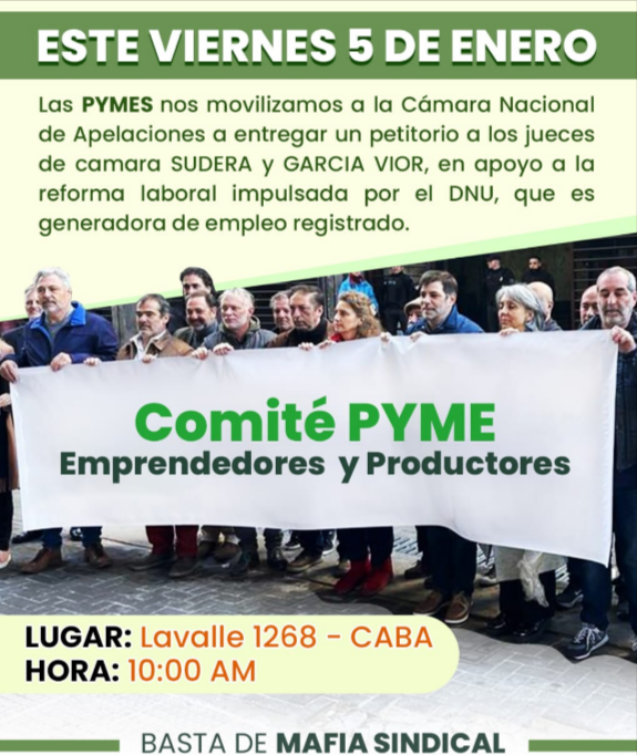 🔴PYMES de Argentina movilizan hacia la Cámara Nacional de Apelaciones para pedirle a los jueces que apoyen la reforma laboral impuslada por el DNU del presidente <a href="/JMilei/">Javier Milei</a> .

Hay que escuchar más a las PYMES -que generan empleo- y menos a los sindicatos -que provocan desempleo-.