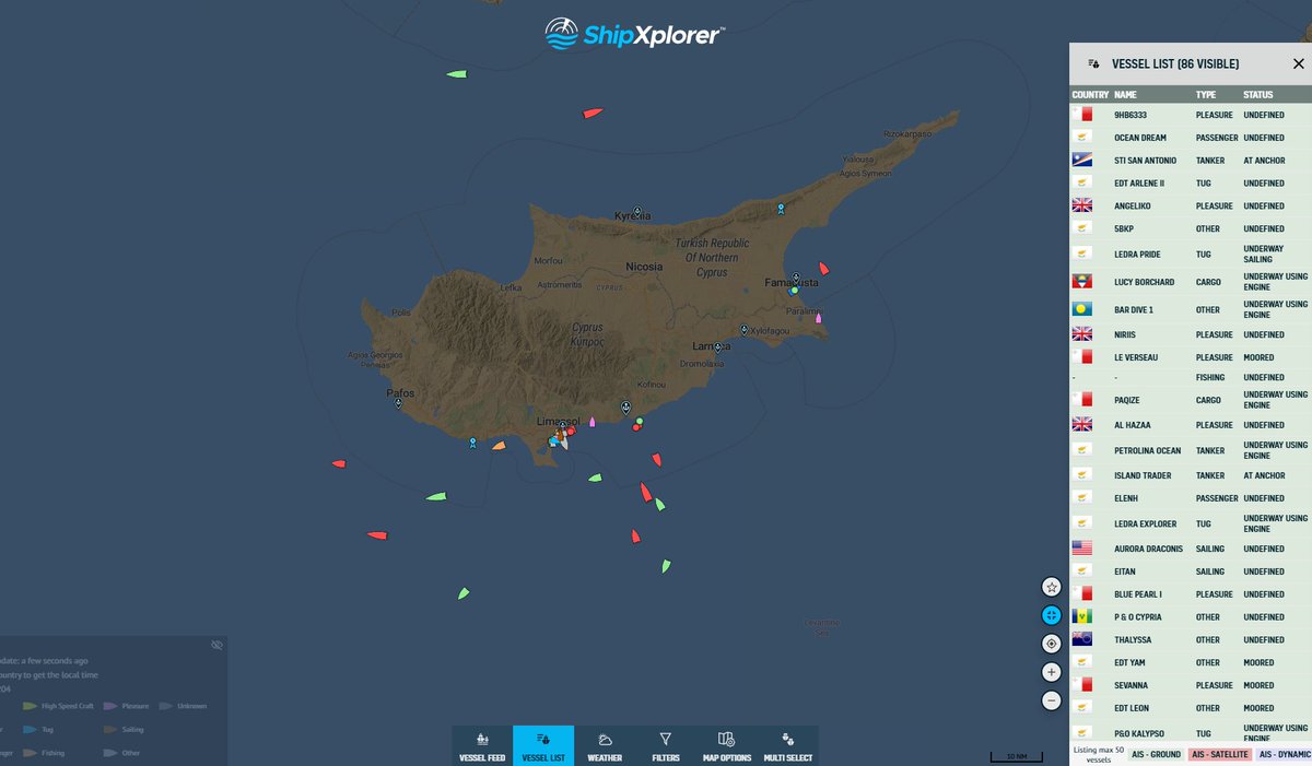 🚢 Tracking Update 🌐: Keeping a close eye on maritime movements! Currently monitoring 86 ships navigating in and out of Cyprus. 

Track them all at shipxplorer.com/@34.82899,33.3… ⚓️ 

#MaritimeTracking #CyprusShipping #VesselMonitoring 🌊