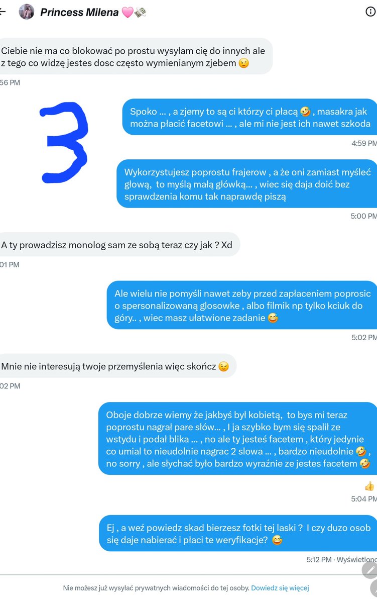 Uwaga, FEJK‼️
@princessmi_lena
I w dodatku facet ;)
Ludzie, sluchajcie:
Nie dawajcie się nabierać! Zanim będziecie wysyłać pieniądze nowym niezweryfikowanym profilom, ŻĄDAJCIE głosówki. Jakieś własne 2 slowa, oczywiście bez erotyki.
Każda prawdziwa Kobieta Wam nagra. Dajcie RT.