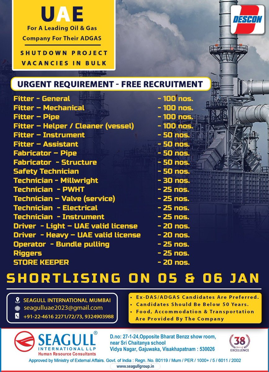 hrd1_seagull's tweet photo. UAE Jobs 
‼️Free Recruitment - Vacancies In Bulk 
✔️Shutdown Project - Urgent Requirement
🗓️Shortlisting On 05th &amp; 06th January 2024 
📍Location-Mumbai
.

.

.
#uaejobs #seagull #mumbaijobs #generalfitter #pipefitter #pipefabricator #electricaltechnician #lightdriver https://t.co/uMXo2UBQjv