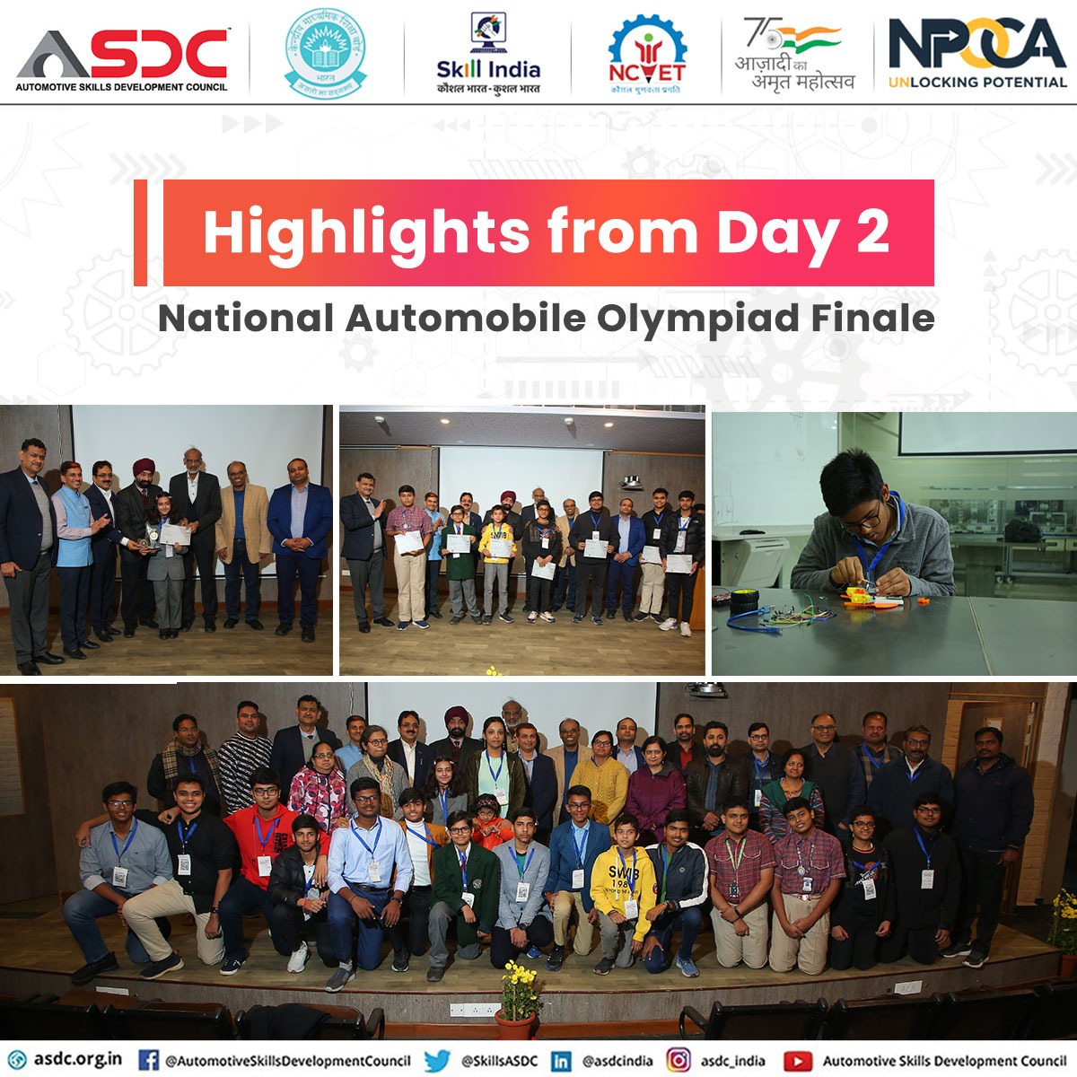 Day 2 Highlights from the Grand Finale of the National Automobile Olympiad: A symphony of skills and innovation echoed as participants showcased their prowess in automotive excellence in collaboration with CBSE.

 #npoca #olympiad #finale #SkillIndia #Skills4All