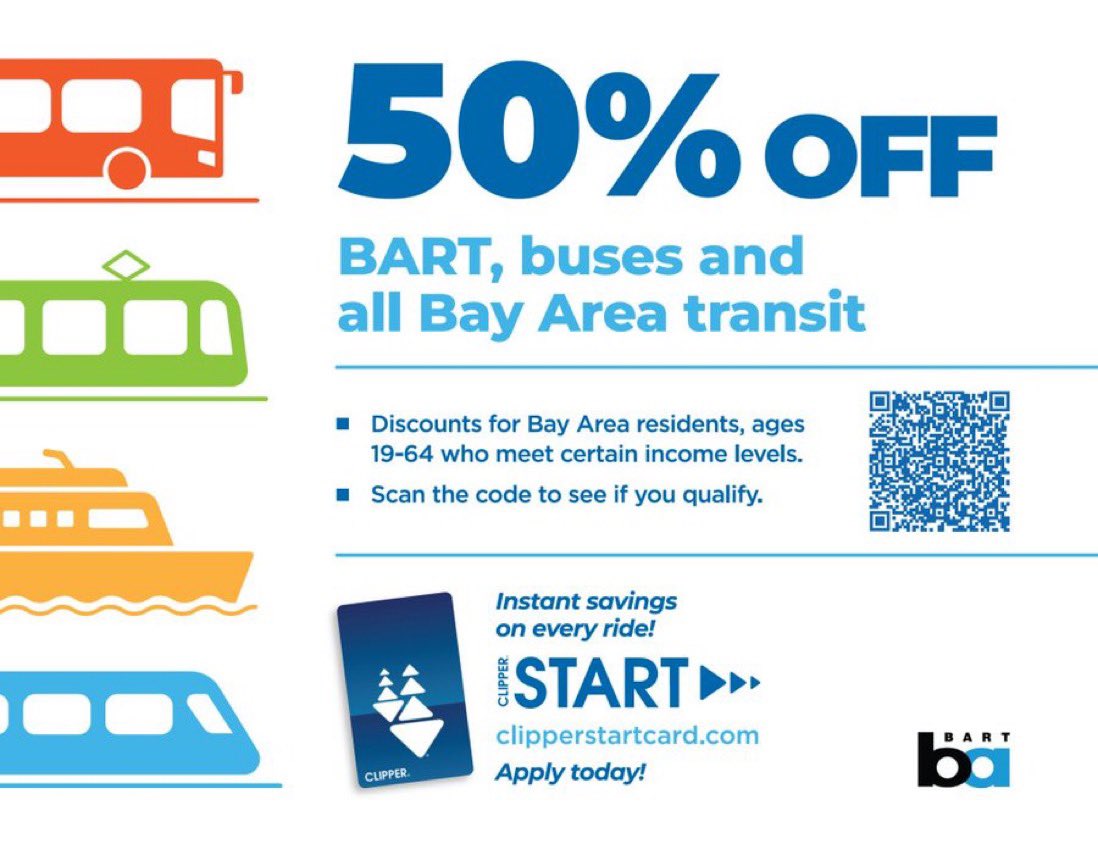 Limited income? Sign up for Clipper Start and get 50% off transit fares. 

Many young adults who have aged out of our youth discount (19 years and older) may qualify and not realize it! 

Spread the word, tell your friends. This is a Bay Area wide program.