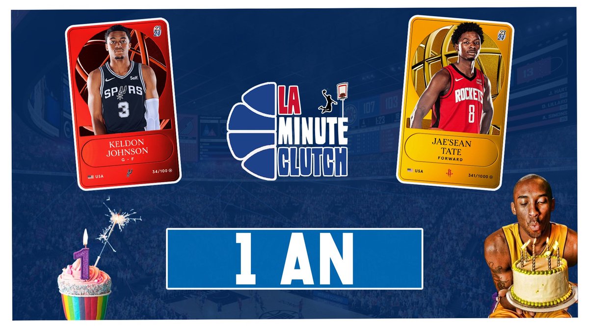 #JeuConcours 🎁

Pour fêter nos 1 an, nous faisons gagner : 

▶️ J.Tate limited
▶️ K.Johnson rare

Pour remporter une des cartes : 
👍 RT + Like 
✅️ Follow <a href="/LaMinute_Clutch/">La Minute Clutch | @Sorare 🏀</a>
👨‍💻 Identifies un ami 

Merci à ceux qui nous soutiennent depuis le début 🙏

T.A.S (11.01)

#Sorare #NBA