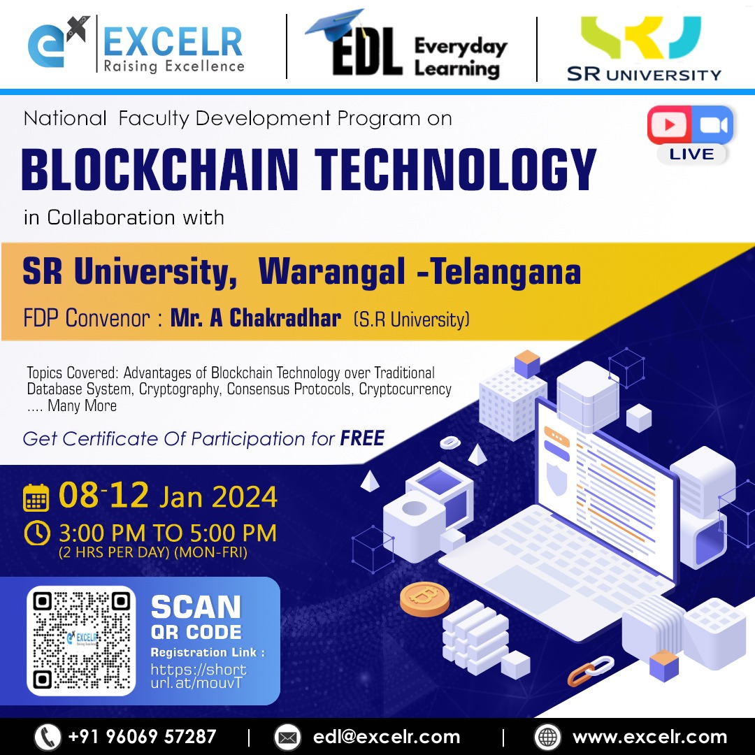 ECESRUniversity's tweet photo. Great News! SR University, Warangal, is pleased to announce the upcoming National Faculty Development Program (NFDP) on Blockchain Technology! Starting from January 8th, 2024, this 5-day program offers insightful sessions from 3 PM to 5 PM on weekdays.
@sr_university https://t.co/6U0abPOyau