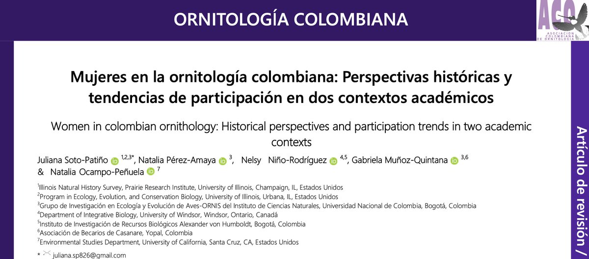 1/7🧵📢¡Conoce nuestra investigación sobre la participación de las mujeres en la ornitología colombiana! Agradecemos a <a href="/OrnitologiaCol/">Asociación Colombiana de Ornitología | ACO 🦜</a> por publicar nuestro artículo👇🏼🔗asociacioncolombianadeornitologia.org/ojs/index.php/… <a href="/nataliajperezA/">Natalia Pérez-Amaya</a> <a href="/nelsyninor/">Nelsy Niño Rodríguez</a> <a href="/Gabriela_M_Q/">Gabriela Muñoz-Quintana</a> <a href="/birdmapper/">Natalia Ocampo-Peñuela, PhD</a> #MujeresEnCiencia #cienciacriolla