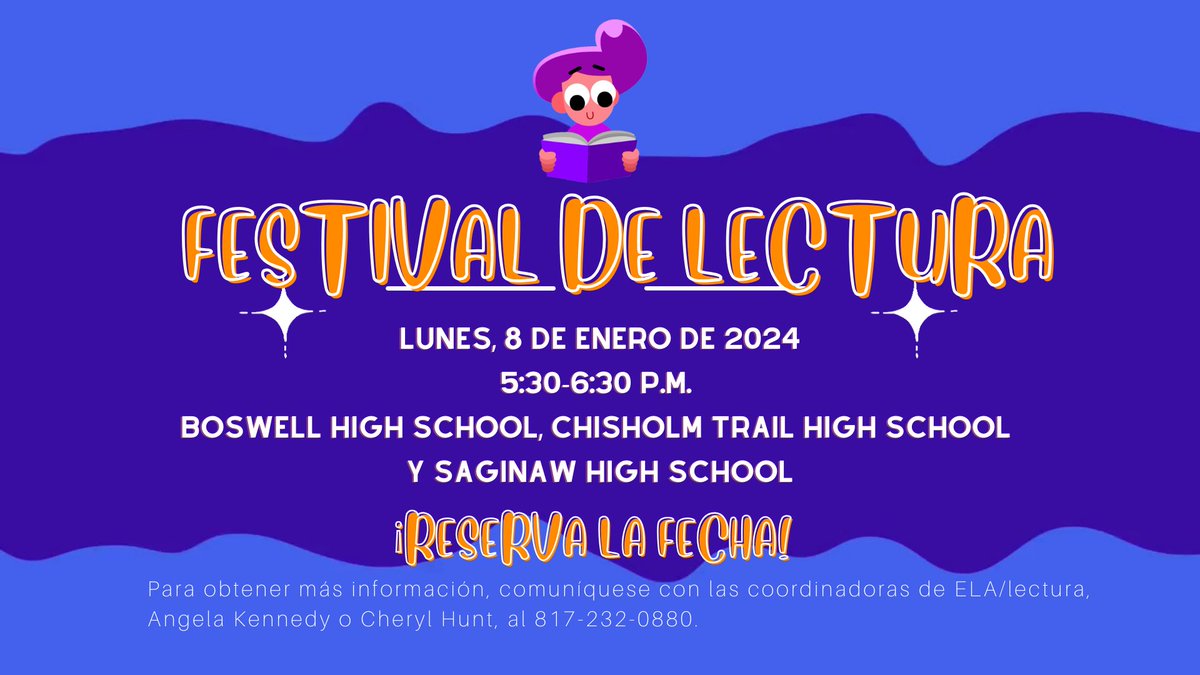 District-wide Reading Festival on Monday, January 8 at Boswell HS, Chisholm Trail HS, and Saginaw HS! 5:30-6:30 pm. Elementary students can receive a FREE book and Varsity event ticket (while supplies last).👉 emsisd.com/Reading2024 #EMSCommUNITY #EMSproud