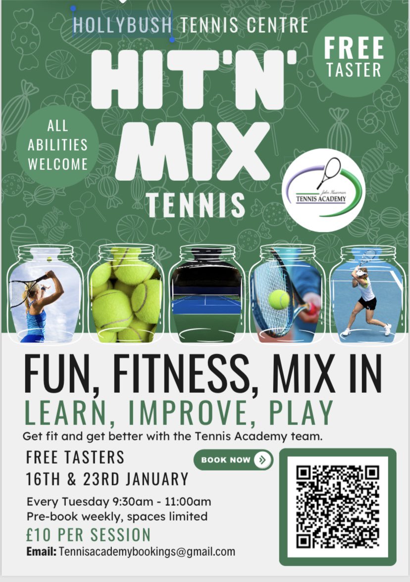 Starting 16th January our brand new get moving and social fun tennis classes begin. 30/45 mins of cardio (HIT) followed by organised MIX in fun social games. Try one of our free taster sessions and to book click this link or use the QR code 

clubspark.lta.org.uk/HollybushTenni…