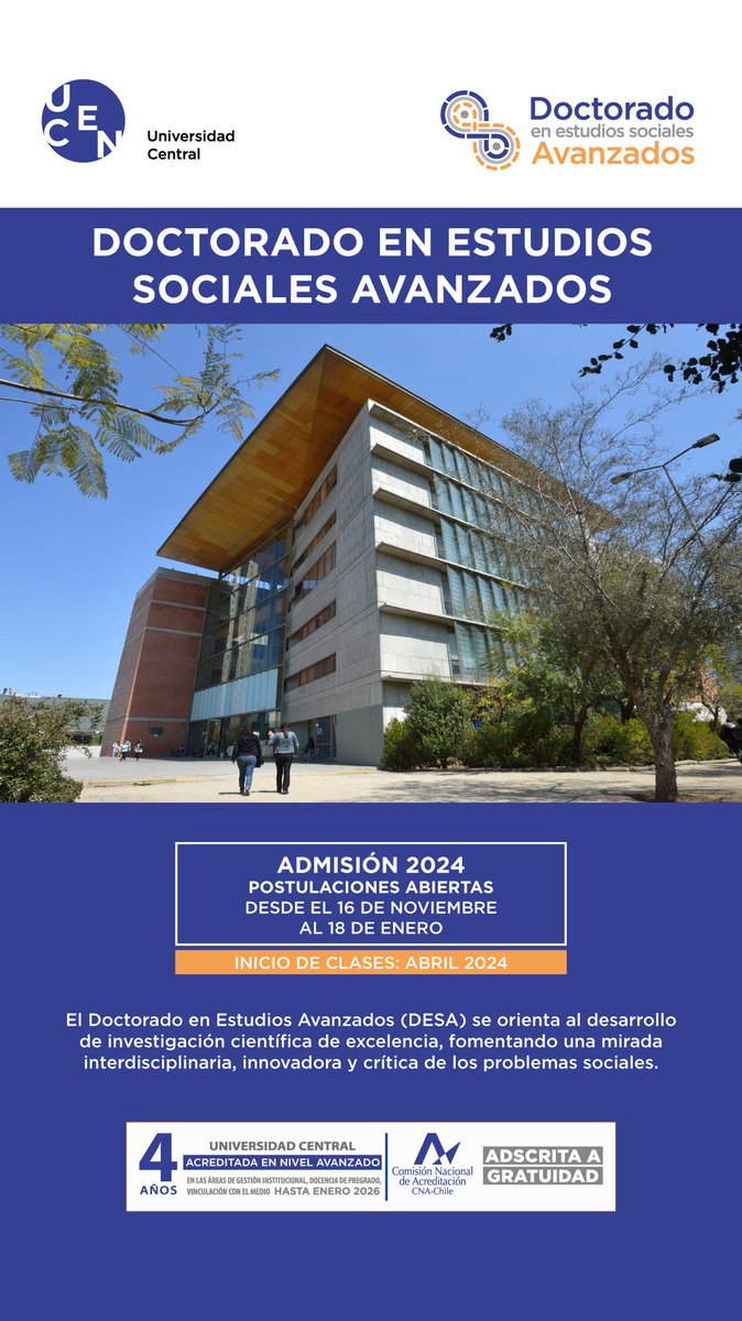 Gabriela Zapata Román (@gabyzapataroman) on Twitter photo Postula al doctorado de <a href="/EsocUcen/">Centro de Investigación en Economía y Sociedad</a> hasta el 18/01.
Programa interdisciplinario en ciencias sociales (sociología, economía, ciencias políticas, antropología, políticas públicas, entre otras). Becas completas de arancel y manutención. Más info aquí: doctorado.esoc.cl Postula al doctorado de <a href="/EsocUcen/">Centro de Investigación en Economía y Sociedad</a> hasta el 18/01.
Programa interdisciplinario en ciencias sociales (sociología, economía, ciencias políticas, antropología, políticas públicas, entre otras). Becas completas de arancel y manutención. Más info aquí: doctorado.esoc.cl