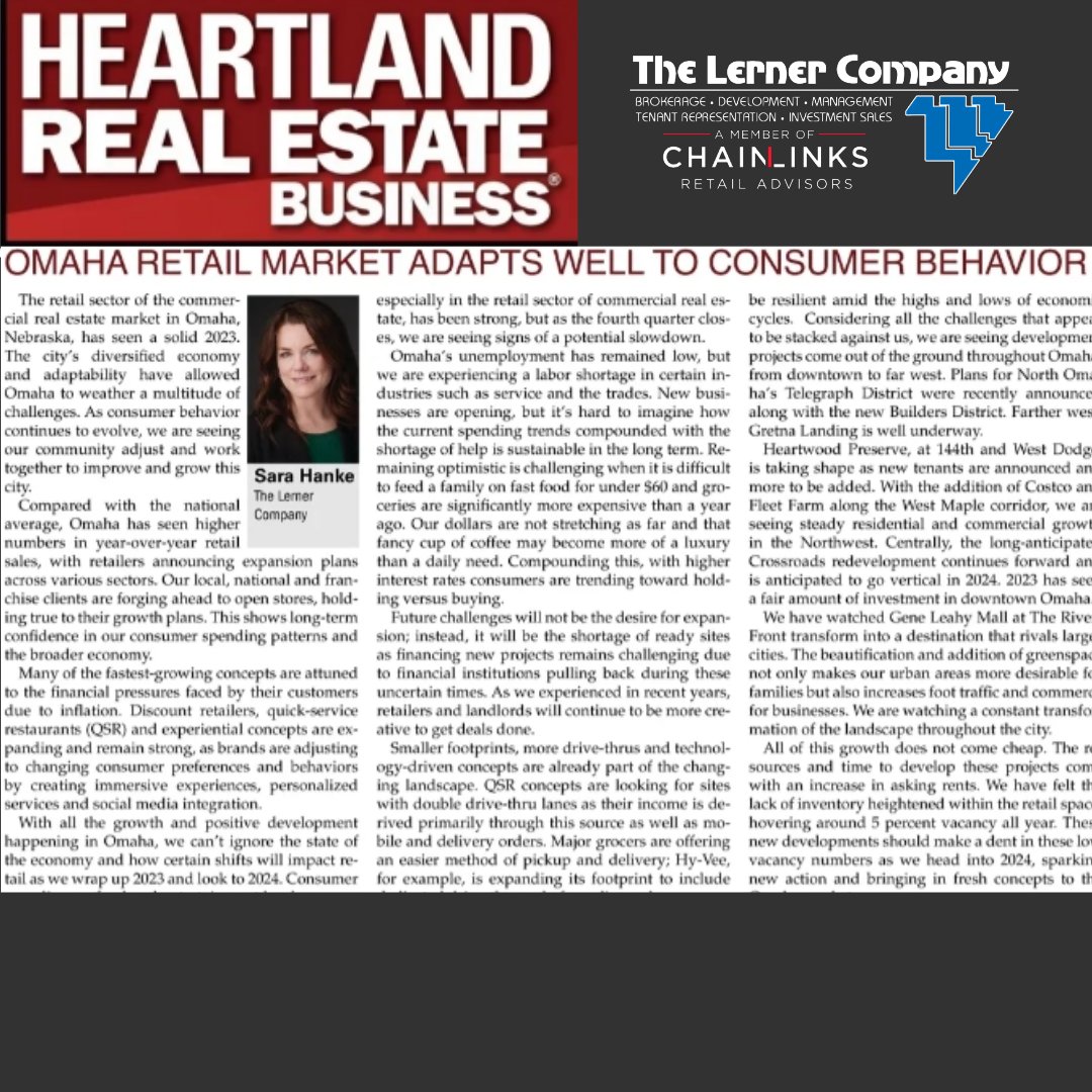 Check out Sara Hanke's article on the Omaha Retail Market, featured in the Heartland Real Estate Business Journal. @nebraskacommercialrealestate Heartland Real Estate Business : December 2023 (mydigitalpublication.com)
