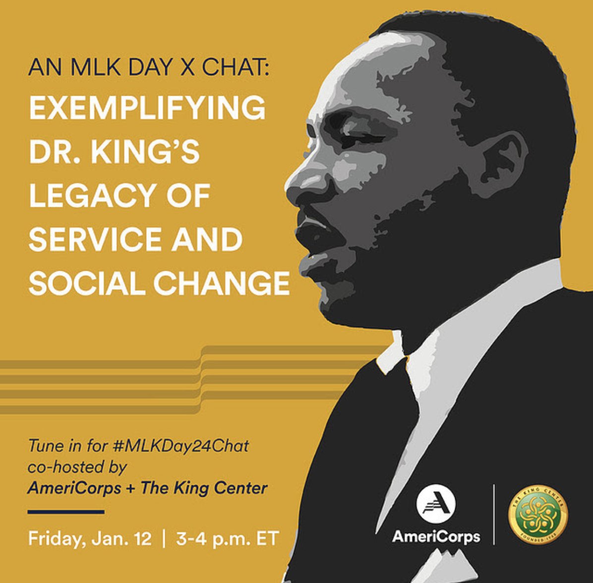 TheKingCenter's tweet photo. The King Center invites you to join the upcoming #MLKDay X Chat on exemplifying Dr. King's legacy of service and social change. Post and engage in the #MLKDay24Chat, co-hosted by @AmeriCorps, Friday Jan. 12, 3-4pm ET. #XChat #MLK #MLKDay2024 #ClimateShifter https://t.co/qwzqMFaNbO