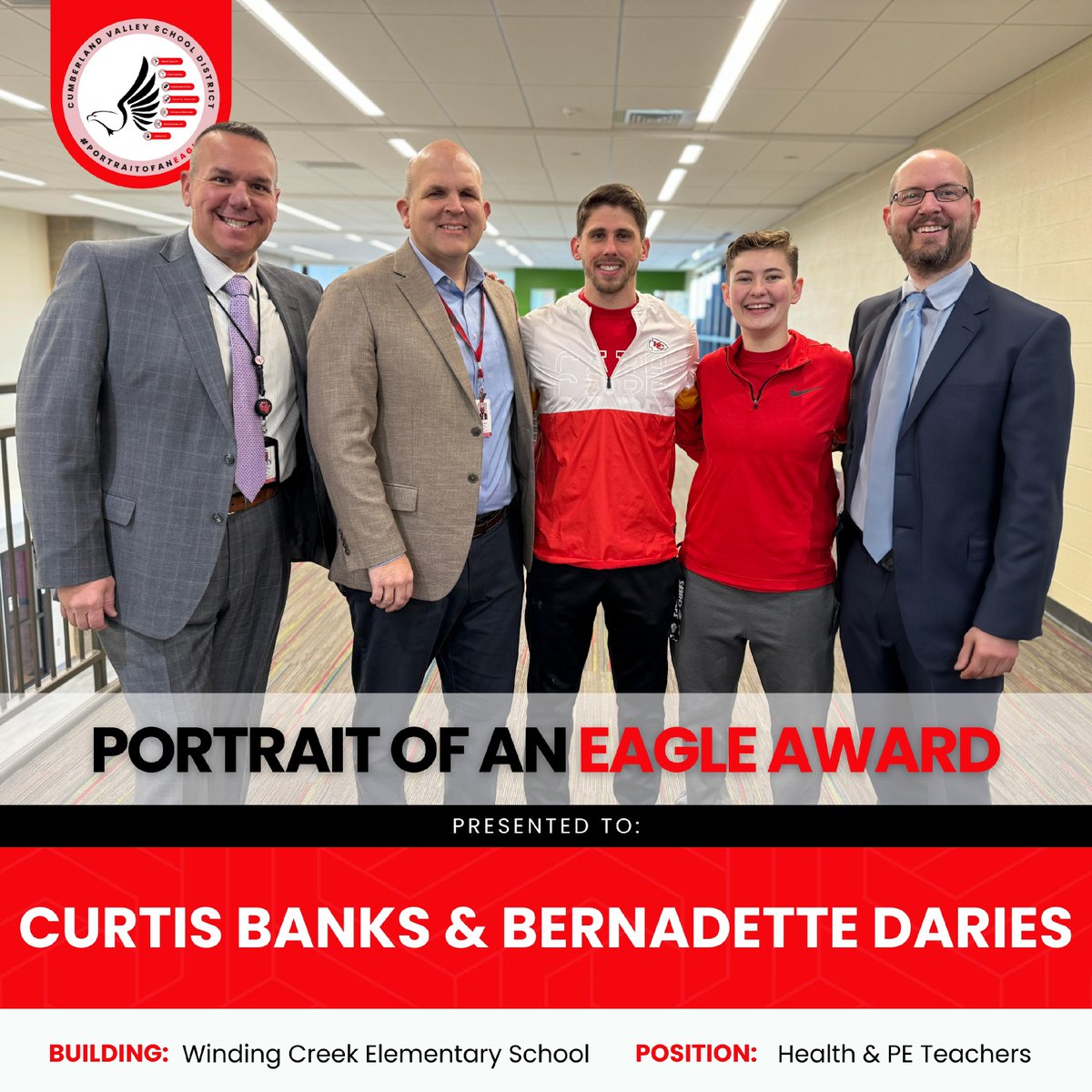 ⭐ We continue with our Portrait of an Eagle Awards recognizing staff exemplifying excellence in our competencies. Curtis Banks and Bernadette Daries, Health &amp; PE teachers at Winding Creek received the honor for fostering Empathy in their students. 👏 #PortraitOfAnEagle #CVproud