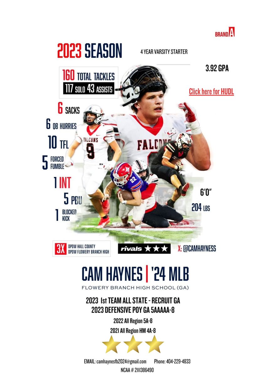 Watch my film.
Leader on and off field. 
GA All Region 5A-8 DPOY
2x All State 1st Team
3x All Region
3⭐️ Rivals

hudl.com/v/2LvudW