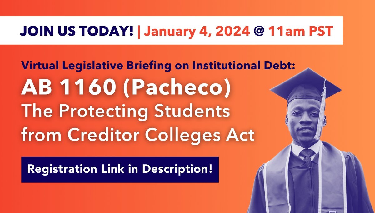 NextGen_Policy's tweet photo. Today's the day! π¨ Join us at 11am PST for a virtual Legislative Briefing on #AB1160 (@AsmPacheco) to learn about #InstitutionalDebt & how #PassingAB1160 will protect CA students, save colleges money, & help end #ShadowDebt!βπ #FreeMyFuture
β‘οΈ RSVP at: https://t.co/AnTWbryA4K https://t.co/gmIPt8TiME