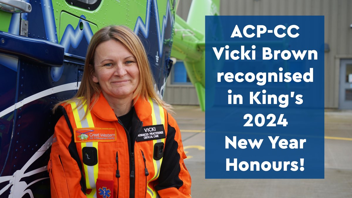 Advanced Clinical Practitioner in Critical Care, Vicki Brown has just added to her long list of accolades. 

She is one of four clinicians from England and Wales recognised in the King's Ambulance Service Medals, in the 2024 New Year Honours.
greatwesternairambulance.com/vicki-brown-re…
