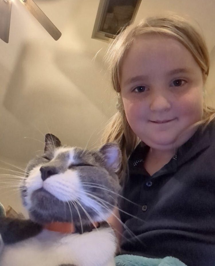 Justice314Lady's tweet photo. The little girl who only wanted a kitty for Christmas- did not get one (cuz Mom wanted to wait until after the Holiday). They came in yesterday to bring a “donation” then her Mom surprised her & told her she could pick any feline friend she wanted. After crying happy tears for 15 minutes - she picked Eggroll😂 Eggroll hasn’t left her side since. ❤️