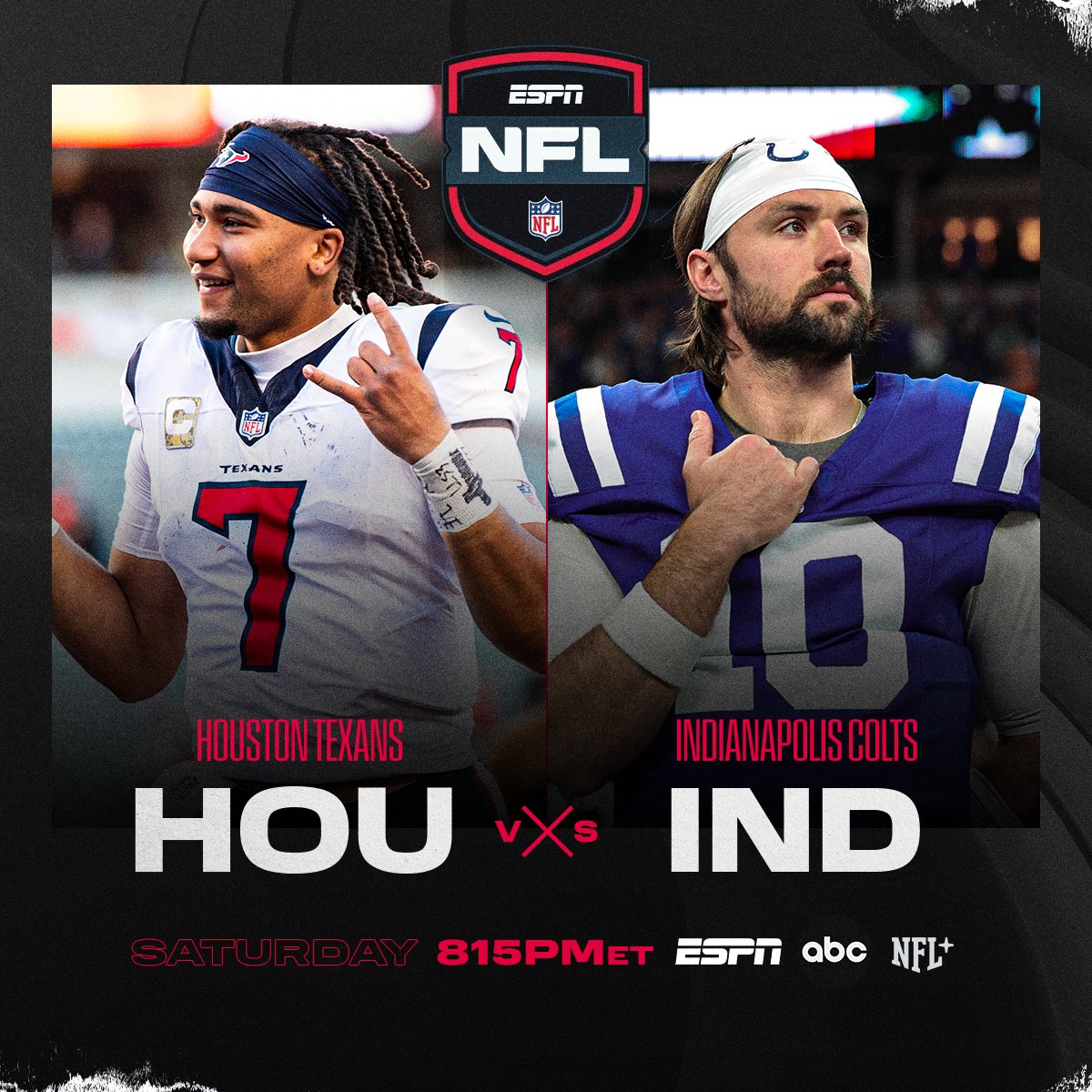 Playoff spot and a potential division title on the line? This one should be spicy 😳

📺: #HOUvsIND - Saturday 8:15pm ET on ESPN/ABC
📱: Stream on #NFLPlus