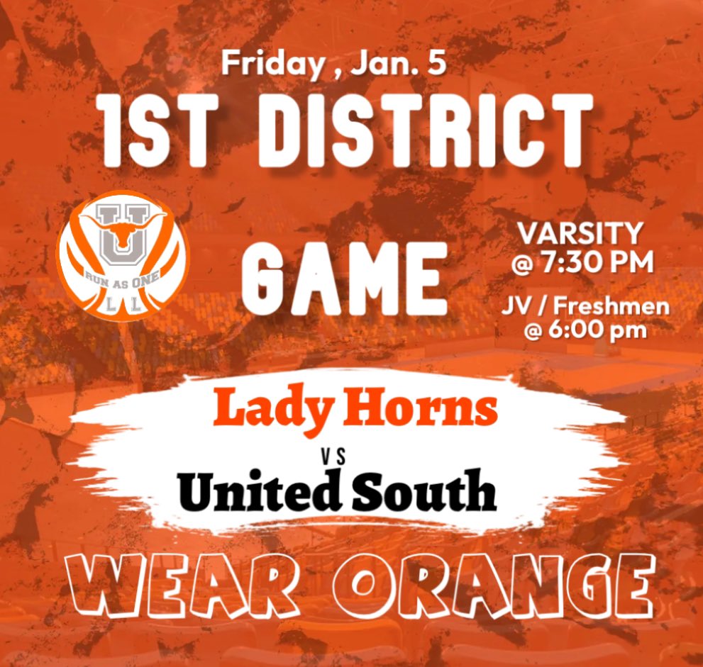 🚨1ST DISTRICT GAME‼️🚨

📍United South HS

🆚 United South HS

📆 1/5/2024

⏰ Game Times:
Varsity at 7:30 pm 
JV/Freshmen 6:00 pm