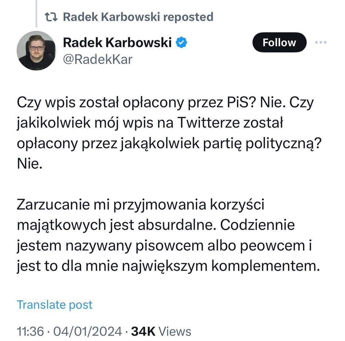 Najpierw trzymał przez prawie dobę na swoim TL wpis szkalujący profesora Grodzkiego, mimo że wielu twitterowiczów pisało mu w komentarzach, żeby go skasował, bo to nieprawda, a teraz płacze, bo zaczął tracić zasięgi. Spadaj na drzewo, pajacu!