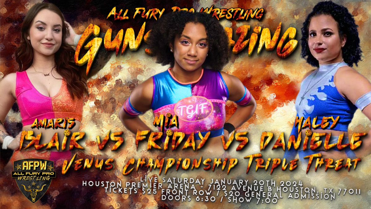 AllFuryPro's tweet image. The AFPW Women’s division will see its first Venus Champion crowned 1/20/24  at #GunsBlazing as three championship pedigreed competitors are vying to be named the inaugural champion!

Get your tickets: eventbrite.com/e/all-fury-pro…