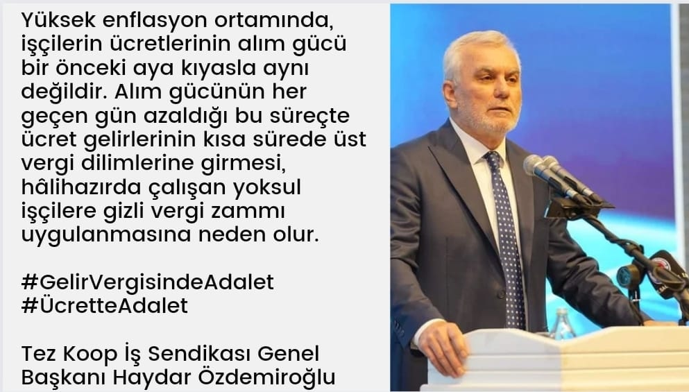 Tüm sözleşmeler kamu işçisinde 
1 ocaktan geçerli olmak üzere ek Protokol ile düzeltilmeli 
Ek zam 
Refah payı uygulanmalı.
#kamuiscilerizamistiyor 
#VergideAdaletİstiyoruz 
#VergideAdalet 
<a href="/RTErdogan/">Recep Tayyip Erdoğan</a> 
<a href="/turkiskonf/">TÜRK-İŞ</a> 
<a href="/isikhanvedat/">Prof. Dr. Vedat Işıkhan</a> 
<a href="/csgbakanligi/">T.C. Çalışma ve Sosyal Güvenlik Bakanlığı</a> 
#SeyyanenZam 
<a href="/tezkoopissndk/">Tez-Koop-İş Sendikası</a>