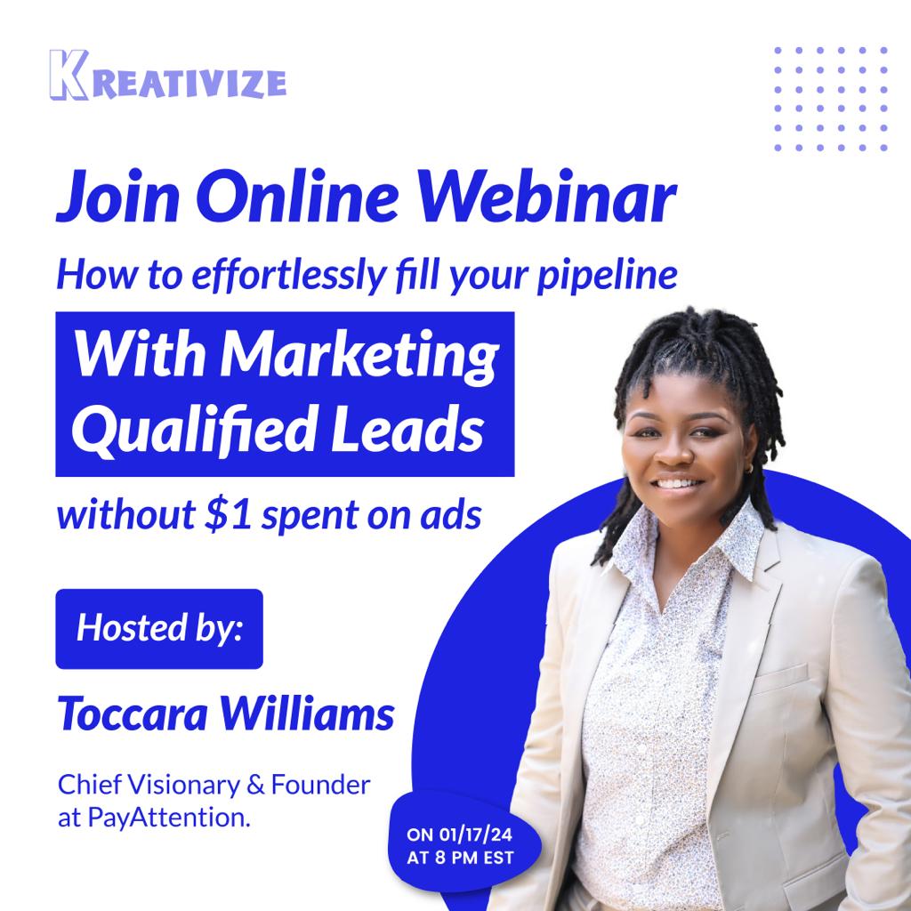 Join us on Jan 17 for a Kreativize webinar! Unlock lead gen secrets, fill your sales calendar, and open doors to six-figure opportunities. Your business potential awaits!

#KreativizeWebinar #LeadGenSuccess #UnlockGrowth #KreativizeLeads