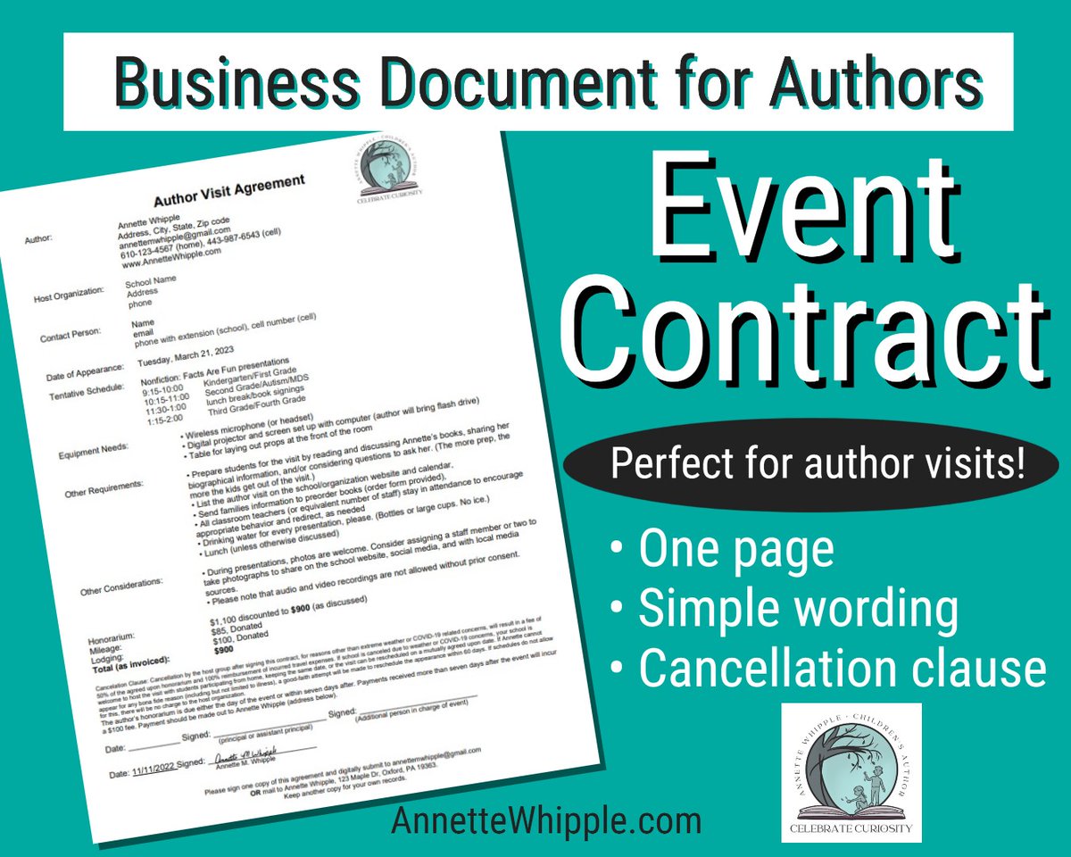 If you're an author and invited to speak at a school or library, what kind of a contract should you provide?

I share my #authorvisit contract in this blog post and explain some things you definitely want to include as well as optional items. #kidlit 

annettewhipple.com/2024/01/event-…