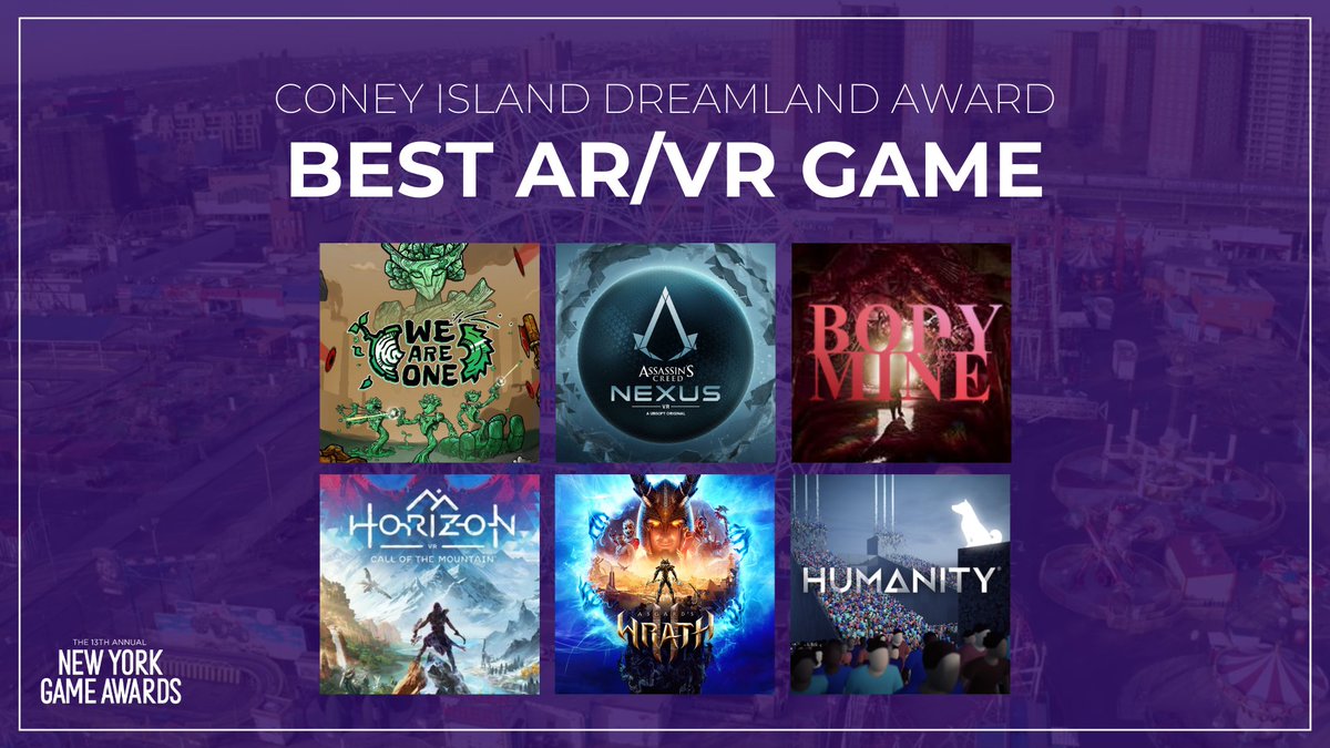 The #NewYorkGameAwards nominees for Best AR/VR Game are:

🟣 We Are One
🟣 Assassin’s Creed Nexus
🟣 Body of Mine
🟣 Horizon Call of the Mountain
🟣 Asgard’s Wrath II
🟣 Humanity

<a href="/WeAreOneVR/">We Are One🌱</a> <a href="/fasttravelgames/">Fast Travel Games</a> @ubisoft <a href="/c_kostopoulos/">Cameron Kostopoulos</a> <a href="/Guerrilla/">Guerrilla</a> <a href="/SanzaruGames/">Sanzaru Games</a> <a href="/HumanityGame/">HUMANITY - 🎮 Available NOW</a>