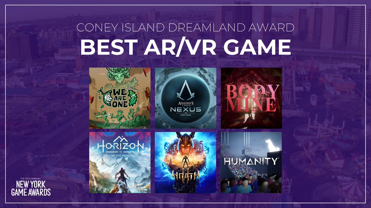 The #NewYorkGameAwards nominees for Best AR/VR Game are: 🟣 We Are One 🟣 Assassin’s Creed Nexus 🟣 Body of Mine 🟣 Horizon Call of the Mountain 🟣 Asgard’s Wrath II 🟣 Humanity @WeAreOneVR @fasttravelgames @ubisoft @c_kostopoulos @Guerrilla @SanzaruGames @HumanityGame