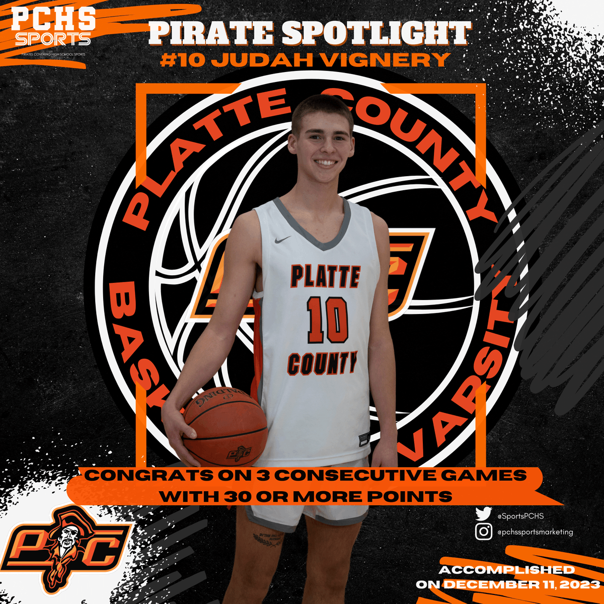 🚨 🏴‍☠️Pirate Spotlight 🏴‍☠️🚨 Shout out to Senior, Judah Vignery, for scoring 30+ points in 3 consecutive <a href="/PlatteCoHoops/">PlatteCo.Basketball</a> games. Accomplished on 12.11.23. #pcr3proud <a href="/PCHSAthletics1/">PIRATE ACTIVITIES</a> <a href="/PCHSHalls/">PCHS Halls</a> <a href="/PlatteCountyR3/">PlatteCountyPirates</a> 

Graphic Designer: PCHS Sports Marketing Student, Tug Thornton