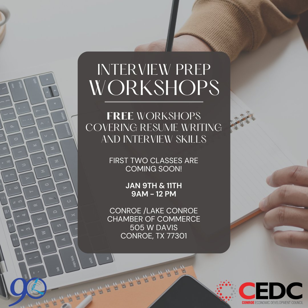 ConroeEDC's tweet image. The CEDC and @conroechamber are offering FREE workshop classes to help job seekers brush up on their interviewing skills or build up their resumes! 📄✍️

The first two classes are next week, so make sure to register at the link! 🔗hubs.li/Q02fgNTV0