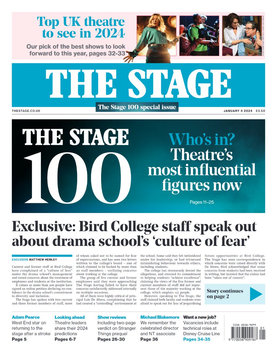 The first 2024 issue of The Stage is now live 🗞️ In this week's #TheStage100 special issue, read about the most influential figures in theatre and hear what's in store for theatre in 2024. Read it now: thestage.co.uk/products/the-s…