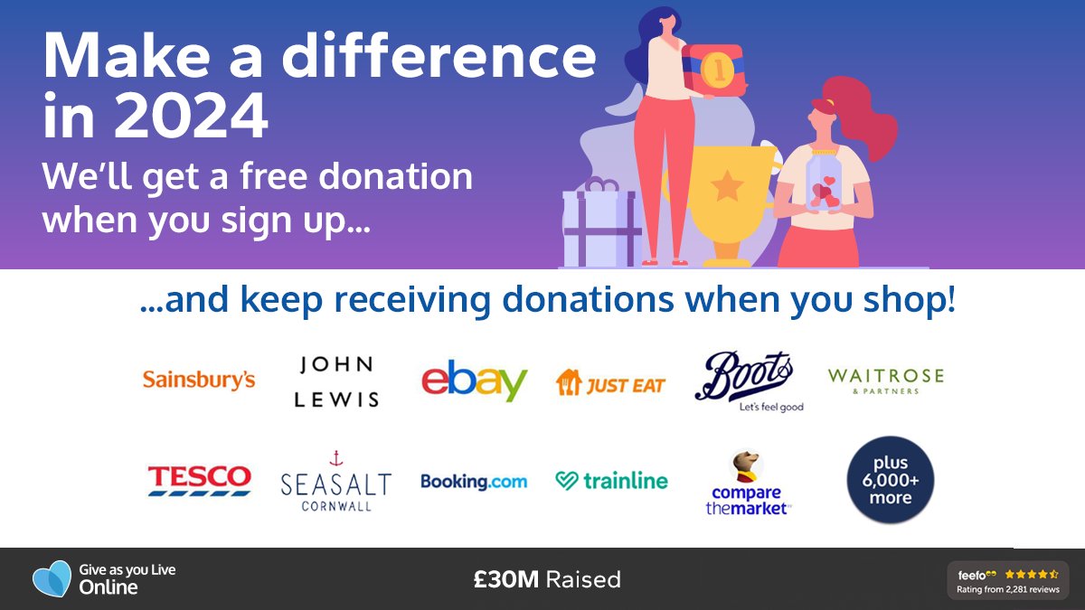 Help us for free in 2024! 
Sign up to Give as you Live Online and select us as your chosen charity before the end of February and we'll receive a free donation from <a href="/giveasyoulive/">Give as you Live 💙❤️💚</a> 
tinyurl.com/3nuh3m6r