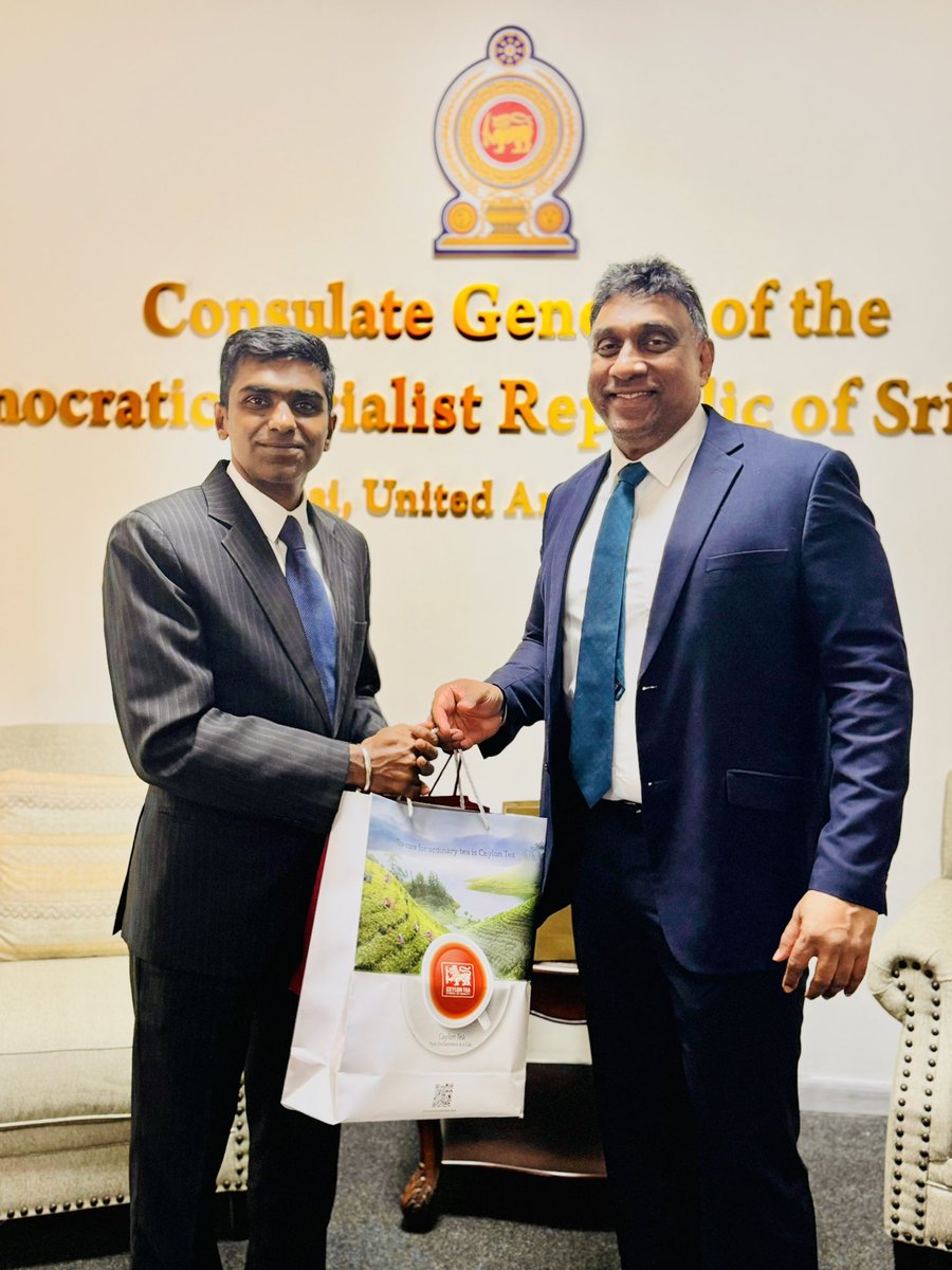 slcgdxb's tweet photo. The newly appointed Indian Consul General, Hon. Satish Kumar Sivan, met with Hon. Alexi Gunasekera, Consul General of Sri Lanka at the @slcgdxb , today, and exchanged views on a wide range of topics, including economic &amp; trade partnerships, consular affairs &amp; cultural exchanges. https://t.co/PPCZd6xZMY
