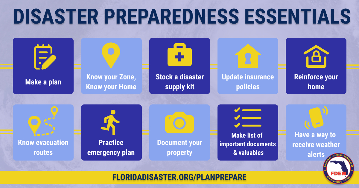 Are you prepared for severe weather season? Make a plan now! Severe weather season goes through April & threats can include thunderstorms, lightning or tornadoes. ⬇️ Follow the disaster prep tips below & learn more ways to be prepared at FloridaDisaster.org/PlanPrepare