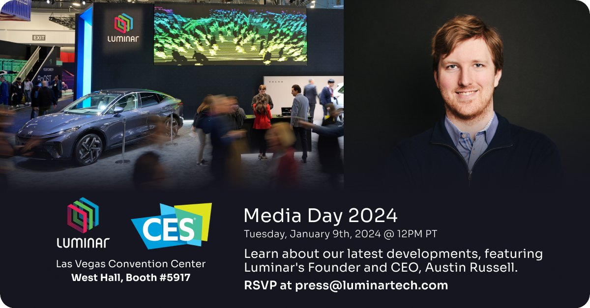 Join us on Tuesday, January 9th at 12pm in-booth at CES for our Media Day where we'll be sharing the latest news about Luminar with our Founder and CEO, Austin Russell. Find out more: luminartech.com/updates/lumina…
