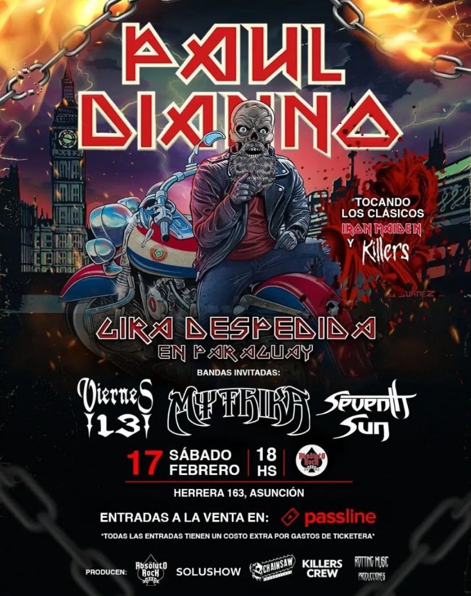DavidFranco1103's tweet image. Me pidieron para compartir y acá estamos apoyando 🤟🔥

Este 17 de febrero @Paul_DiAnno  ex @IronMaiden en #Paraguay, gira de despedida. 
Bandas invitadas: #Viernes13, @mythika_py y #SeventhSun.

💵Entradas en passline.com
🏟️ Lugar: @AbsolutoRockBar