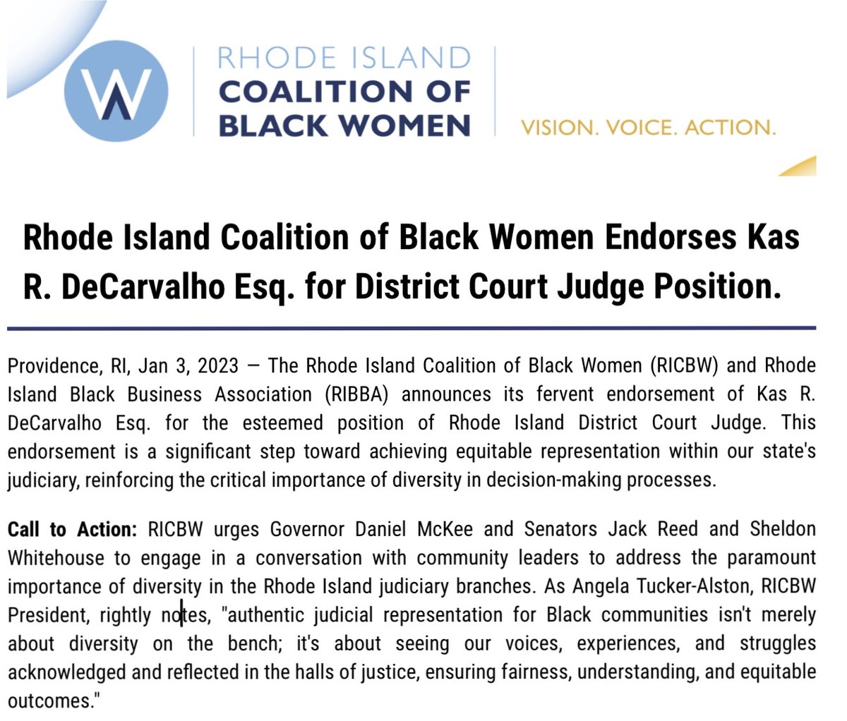 RICBW2's tweet image. 🏛️@RICBW2 and @RIBBABIZ  proudly endorses Kas DeCarvalho for the prestigious position of Rhode Island District Court Judge. We urge @GovDanMcKee, @SenJackReed, @SenWhitehous to engage with community leaders on the imperative need for diversity within RI judicial branches.