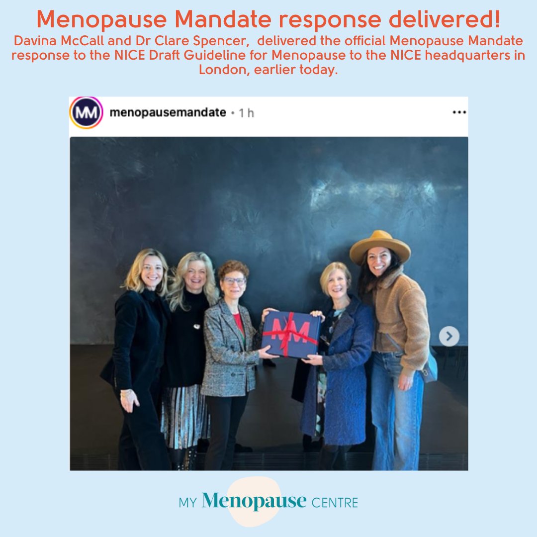 The @Menopausemandate response to the NICE Draft Guideline for Menopause was handed over in London this morning. Key concerns addressed include a balanced perspective on HRT, clarity on CBT for symptoms... @ThisisDavina