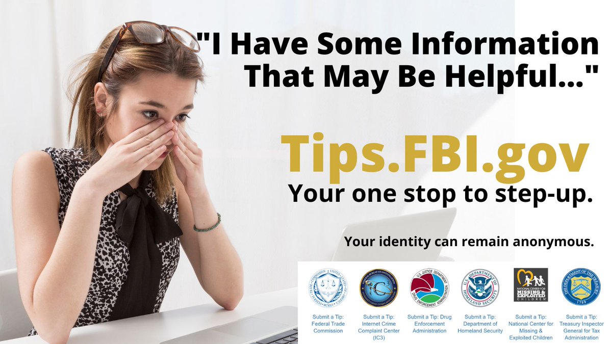 The #FBI electronic tip form is fast, easy, and safe to use. If you are aware of suspicious activity or have info about a crime, now is the time to do the right thing. Remember if you #SeeSomethingSaySomething. Your identity can remain anonymous. Go to tips.fbi.gov.