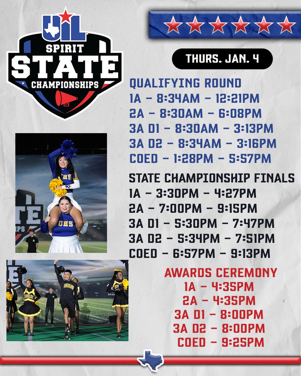 #UILState Spirit Championships 🏅📣

🕑 Schedule bit.ly/UILSpiritSched…
📣 State info  bit.ly/UILSpiritInfo
📺 Live Stream sprl.in/NFHSNetwork

#uilcheer #cheerstate